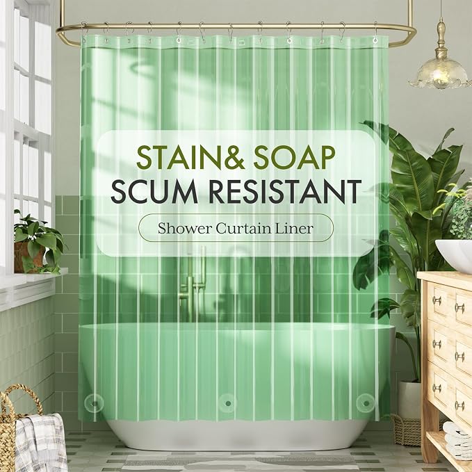 Bathway Shower Curtain Liner, Clear Shower Curtain Liner Green 72x72 PEVA Waterproof Shower Curtain Liner Plastic with 3 Magnets and 12 Rustproof Metal Grommets, Lightweight Shower Liner for Bathroom