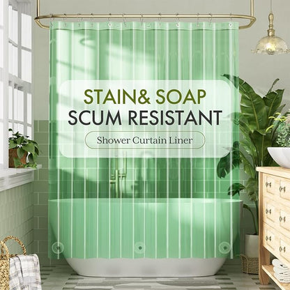 Bathway Shower Curtain Liner, Clear Shower Curtain Liner Green 72x72 PEVA Waterproof Shower Curtain Liner Plastic with 3 Magnets and 12 Rustproof Metal Grommets, Lightweight Shower Liner for Bathroom