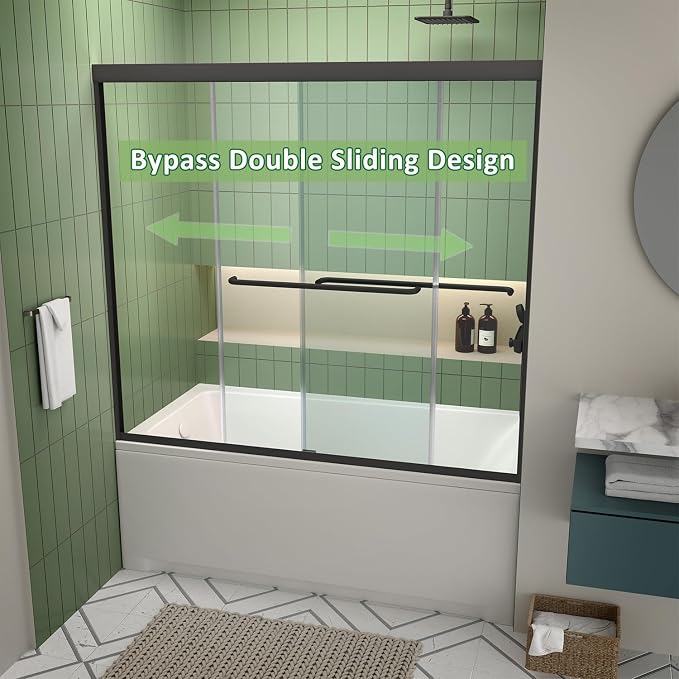 ACE DECOR Double Sliding Bathtub Shower Door 56"-60" W x 58" H, Matte Black | Tub Shower Doors for Walk-in Shower,6mm Clear SGCC Tempered Glass,Bypass Shower Enclosure Easy-Clean Nano Coating&Waterproof