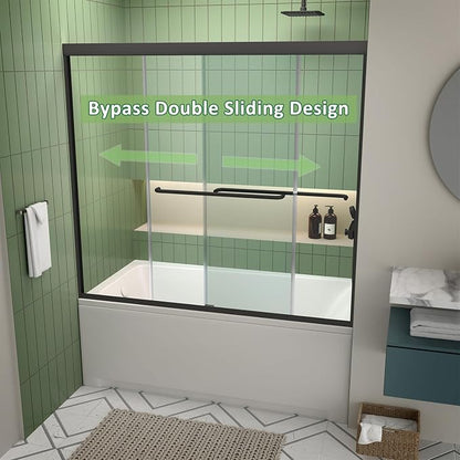 ACE DECOR Double Sliding Bathtub Shower Door 56"-60" W x 58" H, Matte Black | Tub Shower Doors for Walk-in Shower,6mm Clear SGCC Tempered Glass,Bypass Shower Enclosure Easy-Clean Nano Coating&Waterproof