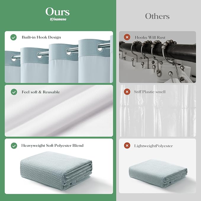 Fog Blue Hook Free Waffle Shower Curtain & Snap-in Liner,72x81 | Less Time to install, 3 in 1 Fabric Shower Curtain and Liner Set with Magnets, Long, Shower Curtains for Bathroom