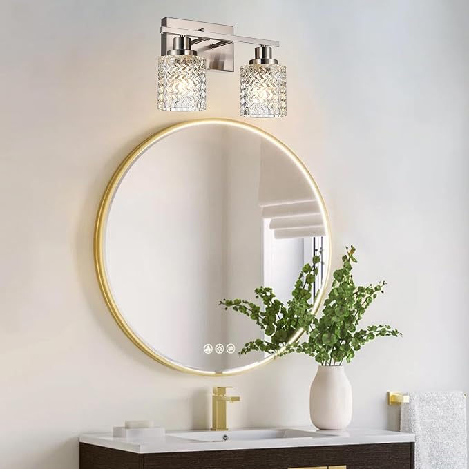 MELUCEE 2-Light Wall Sconce Lighting with Hammered Glass Shade | Brushed Nickel Bathroom Lights Over Mirror, Modern Vanity Lighting Fixtures for Porch Entryway Stair