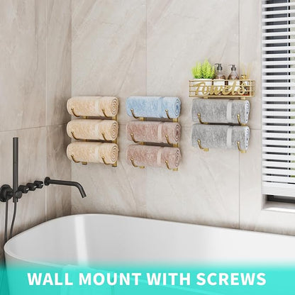 HapiRm Towel Racks for Bathroom Storage - 9 Tier Over The Door & Wall Mount Rolled Towel Storage Organizer Holder with Metal Shelf Basket for Small Bathroom, Camper, Rv - Gold, Patented
