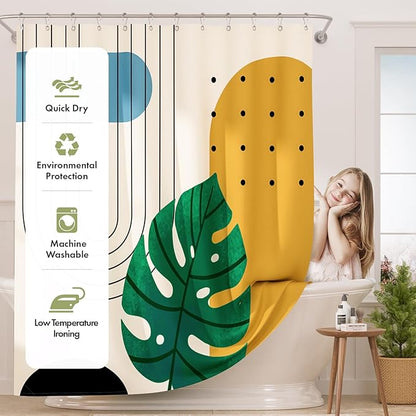 AmazerBath Boho Shower Curtain, Beige and Brown Abstract Cloth Shower Curtain with 12 Metal Hooks, Luxury Washable Farmhouse Polyester Fabric Bathroom Green Leaf Shower Curtain Set, 72x72 Inches