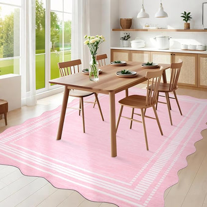 Garvee Modern Scalloped Rug 9x12 Washable Rugs Pink Girls Rugs | Girls Rug for Bedroom, Non-Slip Soft Carpet for Bedroom, Scalloped Low-Pile Print Accent Rug for Dining Room Home Office