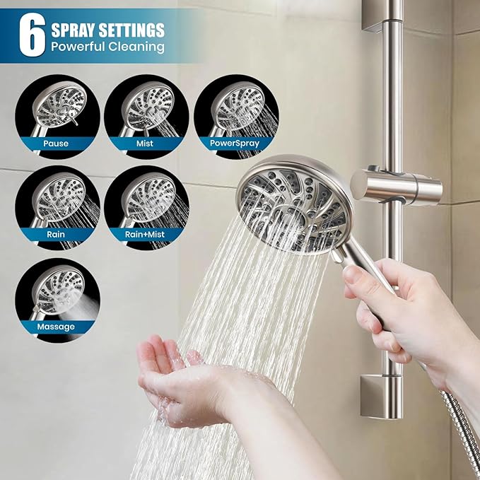 gotonovo Slide Bar Shower System Faucet Set Complete,Brushed Nickel,10 Inch | Rain Round Shower Head with 6-Modes Handheld Spray,Valve and Trim Kit Included,Bathroom Wall Mount,All Metal,2-In-1 Diverter
