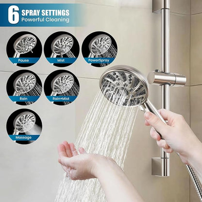 gotonovo Slide Bar Shower System Faucet Set Complete,Brushed Nickel,10 Inch | Rain Round Shower Head with 6-Modes Handheld Spray,Valve and Trim Kit Included,Bathroom Wall Mount,All Metal,2-In-1 Diverter