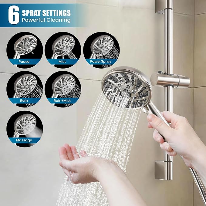 gotonovo Slide Bar Shower System Faucet Set Complete,Brushed Nickel,12 Inch | Rain Round Shower Head with 6-Modes Handheld Spray,Valve and Trim Kit Included,Bathroom Wall Mount,All Metal,2-In-1 Diverter