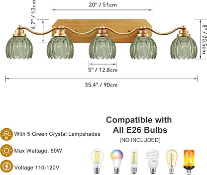 Gold Vanity Light, Vintage Tulip Green Glass Shade, Antique Brass Finish | 5 Light Brushed Gold Bathroom Light Fixtures, Crystal Wall Sconce, Mounted Over Mirror for Bedroom Hallway, Easy to Install