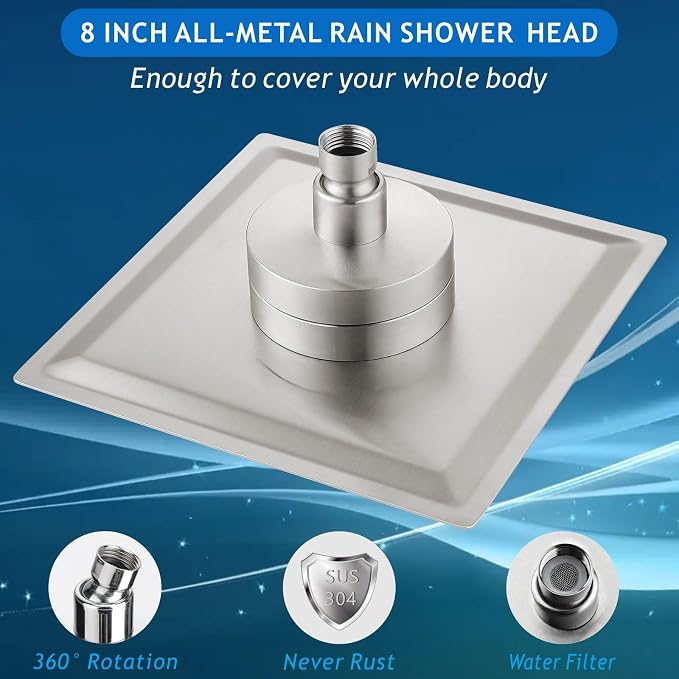 Voolan Rain Shower Head with Filtered - High Flow Large Rainfall Shower Heads Made of Stainless Steel - Waterfall Showerhead Filter For Hard Water(8" Brushed Nickel)