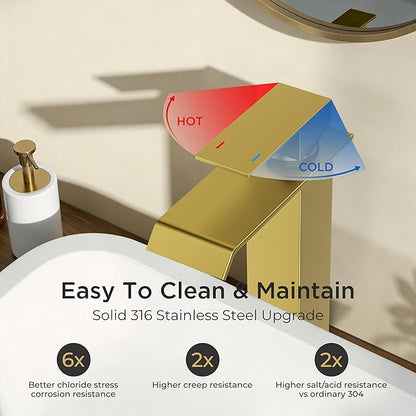 Forious Vessel Bathroom Sink Faucets 1 Hole Brushed Gold, Tall Waterfall Bathroom Faucet Single Handle with Pop Up Drain and Supply Lines for Bowel Sink, Deck Mount