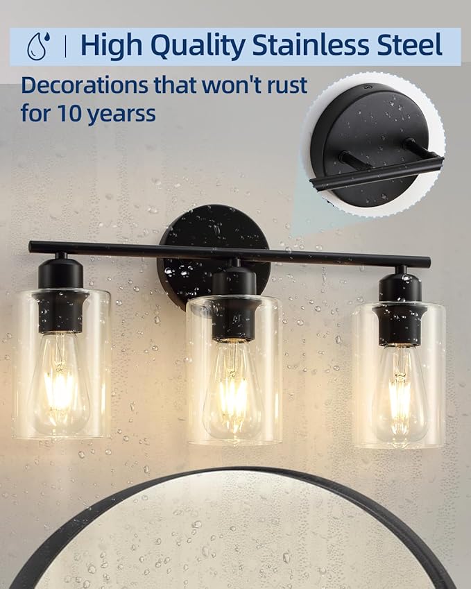3 Light Bathroom Vanity Light, Black Vanity Lights for Bathroom, Modern Light Fixtures Over Mirror with Clear Glass Shade, Wall Sconce Lighting for Bedroom Living Room Hallway