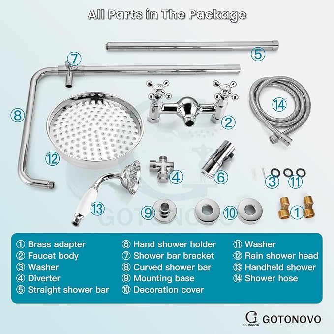 gotonovo Luxury Exposed Shower Faucet Set Bathroom Shower System 8 Inch Wall Mount Rainfall Shower Head with Handheld Spray Cross Double Handle Shower Fixture Adjustable Straight Rod Polish Chrome