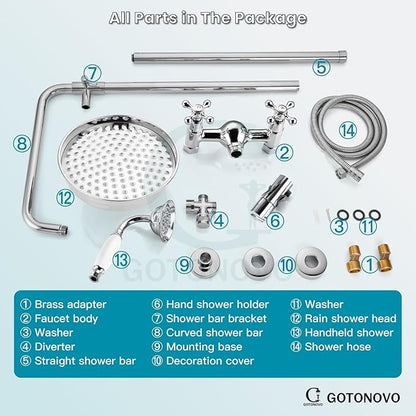 gotonovo Luxury Exposed Shower Faucet Set Bathroom Shower System 8 Inch Wall Mount Rainfall Shower Head with Handheld Spray Cross Double Handle Shower Fixture Adjustable Straight Rod Polish Chrome
