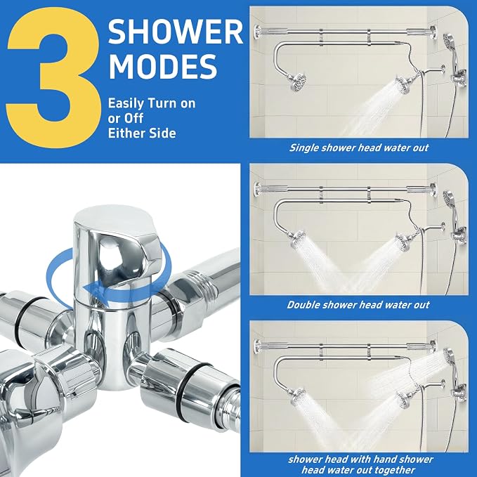 OURBAOFU Tandem Shower, Dual Shower Heads for Couples & Handheld head, Triple Shower Head System for Two People, High Pressure and Adjustable Double Shower Heads and Handheld Shower Head（Silver)
