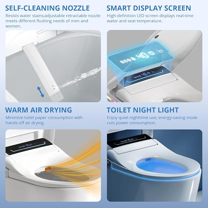 Electric Heated Bidet Toilet Seat Elongated with Remote & Side Control Knob | Auto One-Touch Wash & Dry, Warm Water Wash & Warm Air Dryer, Self-Clean Nozzle, Eco Mode, Soft Close Lid, Night Light