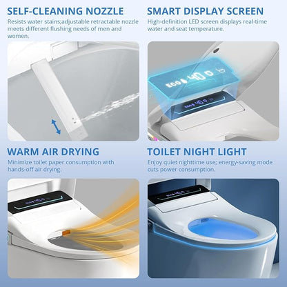 Electric Heated Bidet Toilet Seat Elongated with Remote & Side Control Knob | Auto One-Touch Wash & Dry, Warm Water Wash & Warm Air Dryer, Self-Clean Nozzle, Eco Mode, Soft Close Lid, Night Light