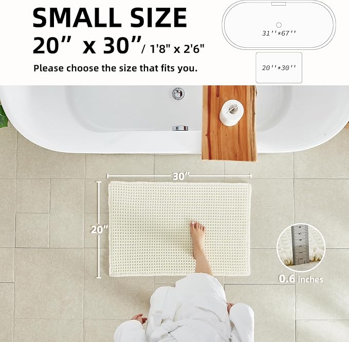 TYUU Cream White Waffle Bath Mat, Boho Bathroom Rugs Non Slip, 30x20 | Super Absorbent Quick Dry Bath Rug, Non-Slip Backing, Soft Waffle Washable Farmhouse Bathroom Mats, Tub, Shower & Home Decor