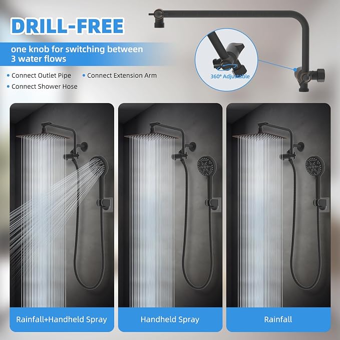 8" Metal Rainfall Shower Head with 10-Mode Handheld, Oil Rubbed Bronze | NSF/ANSI/CAN 372 Certified, High Pressure Showerhead Combo with 11" Adjustable Shower Arm, 71" Hose, Shower Head Holder