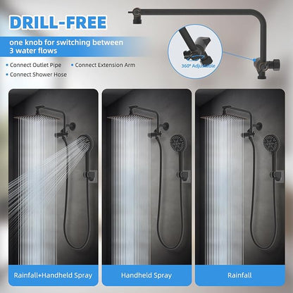8" Metal Rainfall Shower Head with 10-Mode Handheld, Oil Rubbed Bronze | NSF/ANSI/CAN 372 Certified, High Pressure Showerhead Combo with 11" Adjustable Shower Arm, 71" Hose, Shower Head Holder