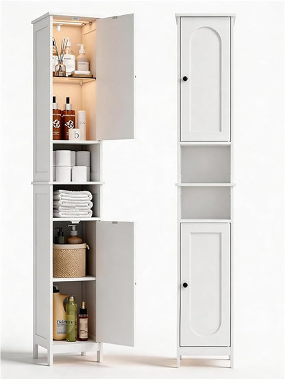 HAIOOU 67" Tall Bathroom Storage Cabinet with Light,11.8"W Narrow Bathroom Cabinet with Adjustable Glass Shelves,Slim Freestanding Cabinet for Small Spaces,Skinny Cabinet for Kitchen,Living Room white