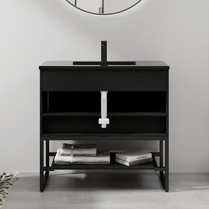 LUCKWIND 36" Modern Bathroom Vanity with Single Black Sink Combo, Freestanding Storage Cabinet with Metal Frame, Water-Saving Faucet and Open Shelf and 2 Soft-Closing Door, Black