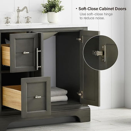 Vanity Art 36 Inch Bathroom Vanity with Single Sink, Silver Grey | Solid Wood, Ceramic Sink, Marble Top, Waterproof Backsplash, Pre-assembled, Soft-close Doors, Ample Storage, Freestanding