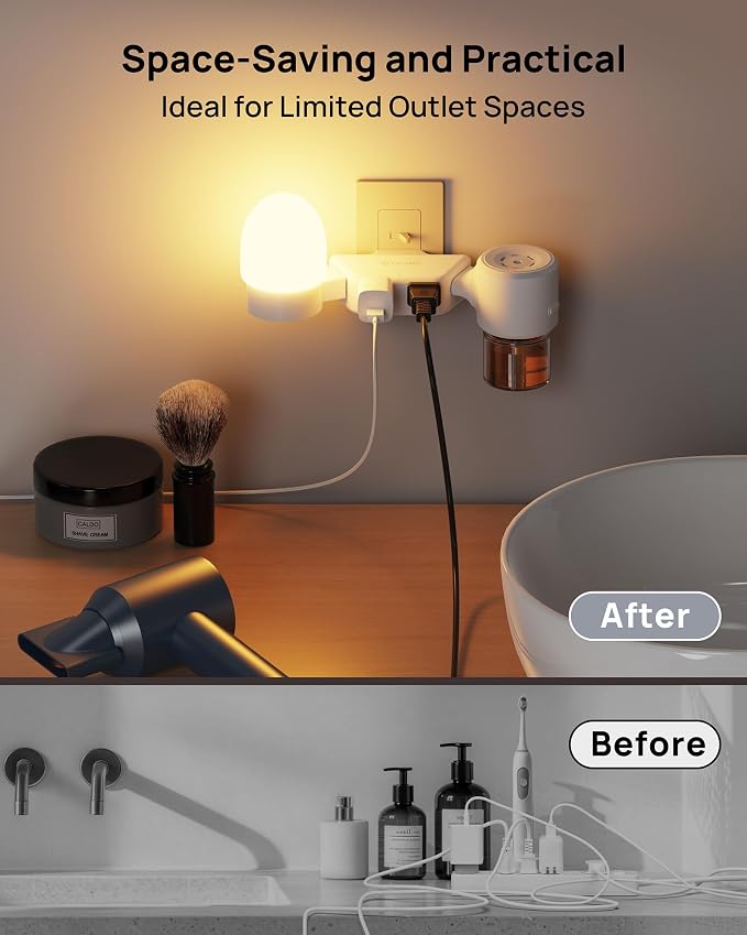 TROND 360 Rotating Plug Outlet Extender 2 Pack, Surge Protector Outlet with 4 Grounded Sockets, 3 Way Angled Plug Expander, 900J, Multiple Wall Adapter for Bathroom Kitchen Bedroom, White