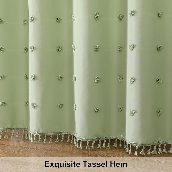 LilyCat Green Farmhouse Tufted Floral Shower Curtain with Tassel, 72" x 72" | Waterproof Boho Fabric Shower Curtain Set with Hooks, Cute Rustic Vintage Bathroom Décor, Minimalist Cloth Bathroom Curtain