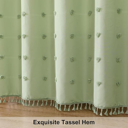 LilyCat Green Farmhouse Tufted Floral Shower Curtain with Tassel, 72" x 78" | Waterproof Boho Fabric Shower Curtain Set with Hooks, Cute Rustic Vintage Bathroom Décor, Minimalist Cloth Bathroom Curtain