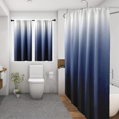 Shower Curtain Set, for Bathroom Decor 72" x 72", Ombre Gradient | Modern Navy Blue Waffle Textured Cloth Waterproof Matching Window Shower Curtain 36 x 30 Inches