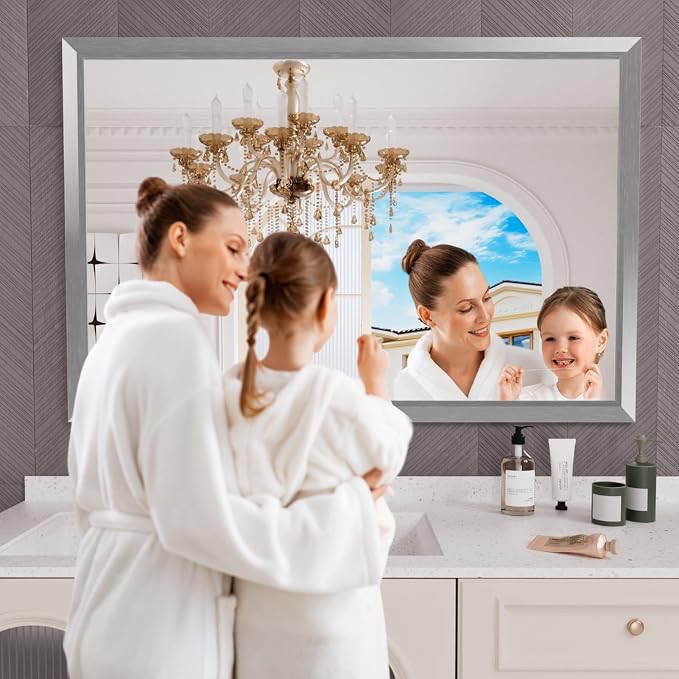 Bathroom Mirror for Wall, 60x40 Inch (Brushed Silver) | HD Reflection, Tempered Glass, Thick Metal Framed Rectangle Mirrors for Over Sink, Bedroom, Living Room, Entryway, Anti-Rust