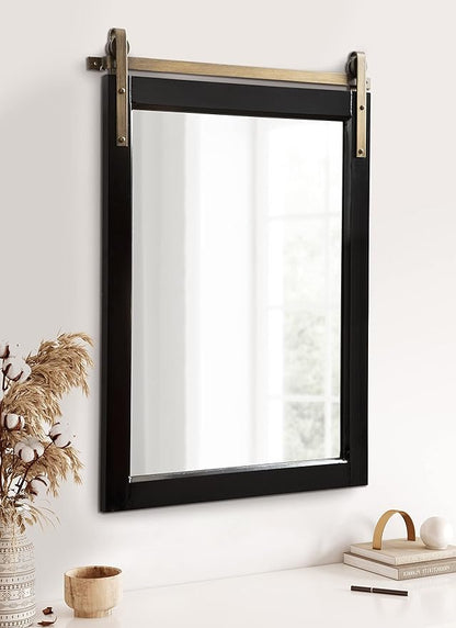 Kate and Laurel Skylan Modern Decorative Wood Framed Wall Mirror; 24 x 31; Black and Gold; Barn Door Hanging Mirror for Bathroom or Living Room