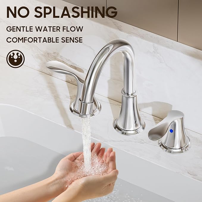 Phiestina Widespread 8 Inch 3 Holes Bathroom Faucet，2 Handles Chrome Modern Bathroom Sink Faucet with Metal Pop-Up Drain & Water Supply Lines, WFTY36-C