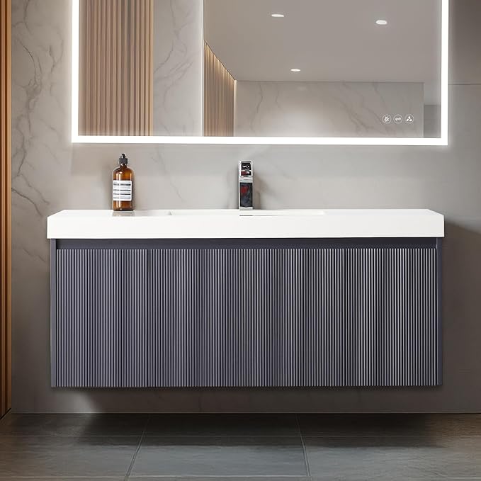 Blossom 48 Inch Bathroom Vanity with Sink | All Wood Wall Mounted Floating Bathroom Vanity Cabinet with Acrylic Sink, Soft-Close Drawer, Modern Minimalist Design Vanities (Night Blue Finish)