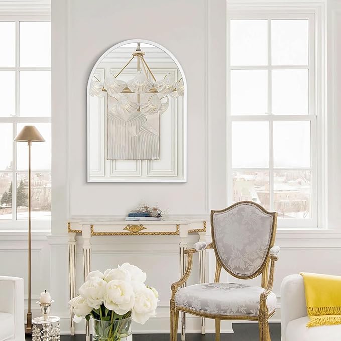 Arch Bathroom Mirror, Wall Mounted Mirrors, White Vanity Wall Mirror Metal Frame Home Decor for Bedroom, Entryway, Living Room 26"x18"
