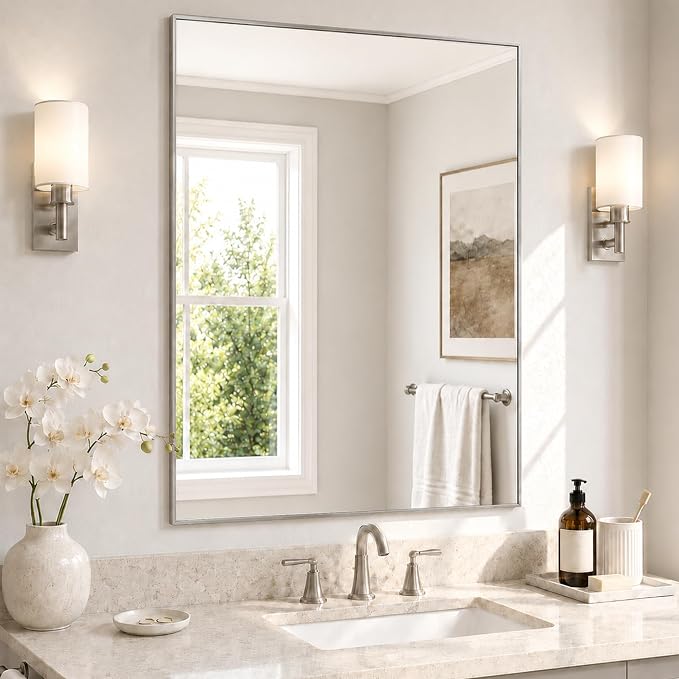 30"x36" Brushed Nickel Framed Rectangle Bathroom Vanity Wall Mirror | Over-Sink Vanity Mirror, Slim Metal Frame, Entryway or Dresser Use, Vertical/Horizontal Mount, Tempered Glass