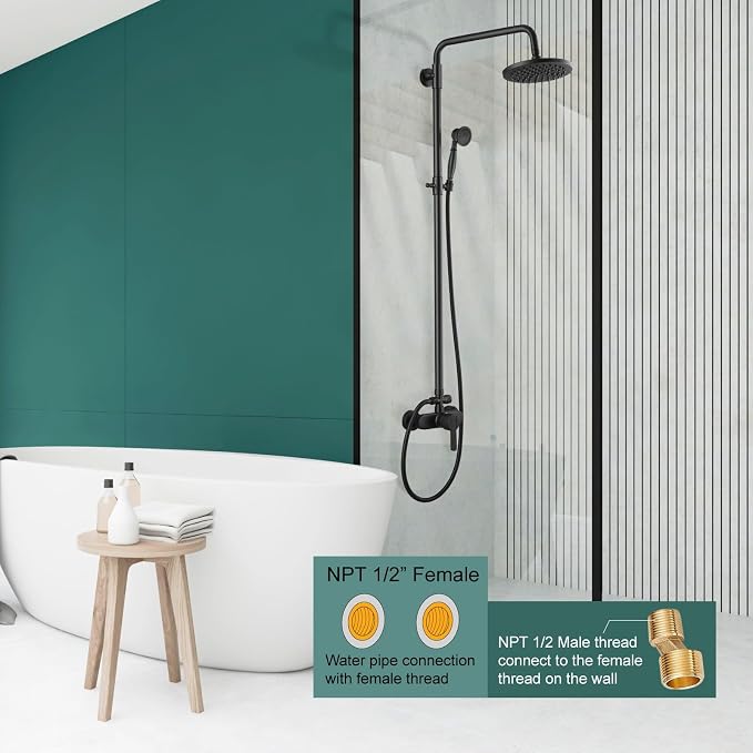Heyalan Exposed Shower System, 8 Inch Rain Head, Handheld, Matte Black | Exposed shower system with 8 inch rain head, handheld sprayer, single handle control, and complete wall-mounted setup.