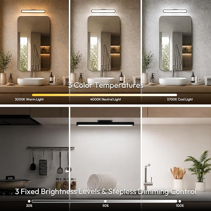 Mirror Light Bar, 2600mAh Rechargeable LED Stick on Vanity Lights for Mirror, 3 Color Modes Stepless Dimming Makeup Lights, Magnetic Wireless LED Lights for Bathroom Mirror, Closet(Black)