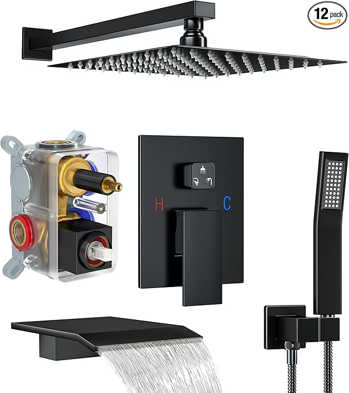 Shower System with Tub Spout, 10-Inch High-Pressure Rain Showerhead and Handheld Combo, Matte Black Shower Faucet Set with Rough-in Valve and Trim, Wall Mounted 3-Way Shower Set