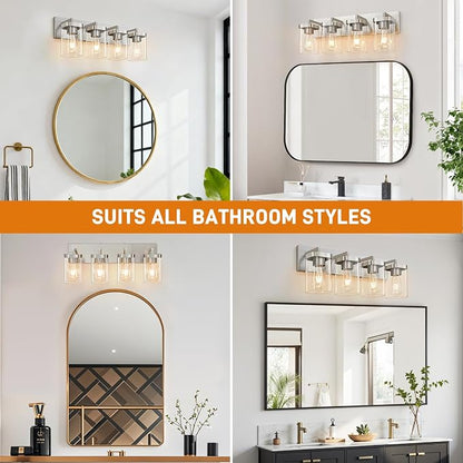 4-Light Bathroom Lighting Fixtures over Mirror, Brushed Nickel Vanity Lights with Square Transparent Glass Shade. Modern Bathroom Vanity Light for Mirror Kitchen, Living Room, Gallery, Hallway