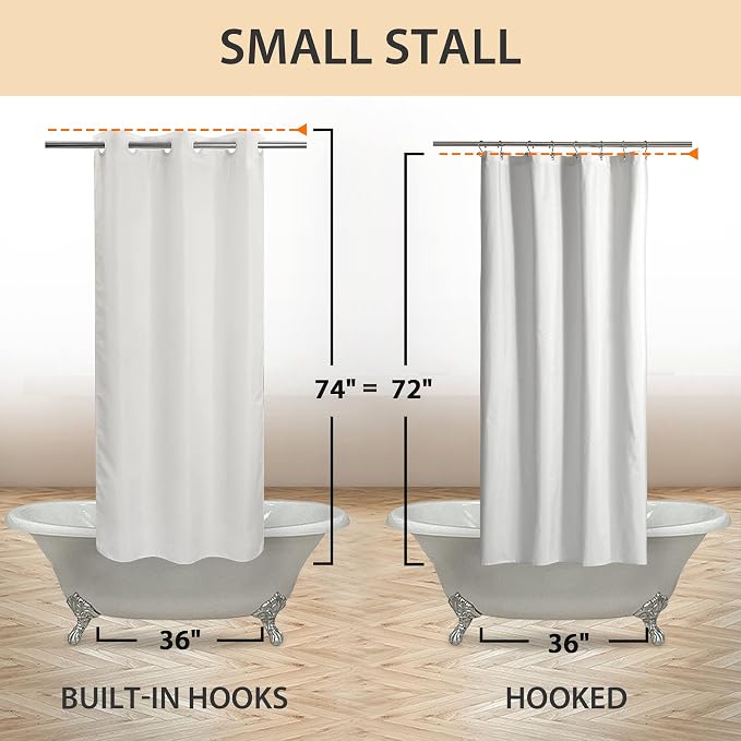 River Dream No Hook Stall Shower Curtain or Liner Microfiber White, 36x74 | Waterproof Small Fabric Shower Curtain Set for Narrow Stall, Bottom Magnets, Soft & Machine Washable, 36W x 74H