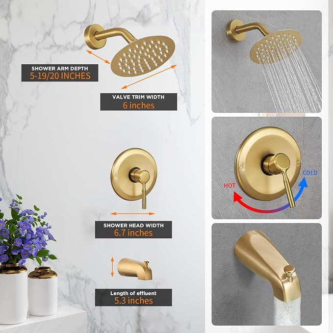 Tub Shower Faucet Set (Valve Included) with 6-Inch Rain Shower Head and Tub Spout Single-Handle Tub and Shower Trim Kit Brushed Gold