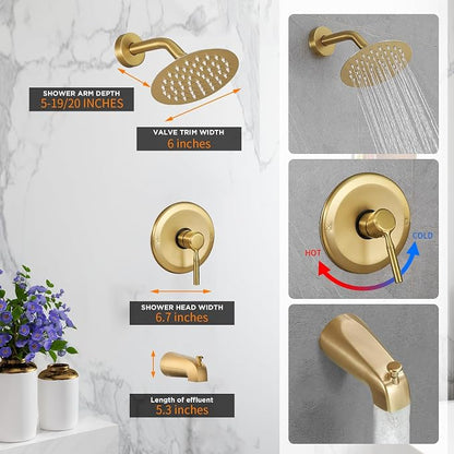 Tub Shower Faucet Set (Valve Included) with 6-Inch Rain Shower Head and Tub Spout Single-Handle Tub and Shower Trim Kit Brushed Gold