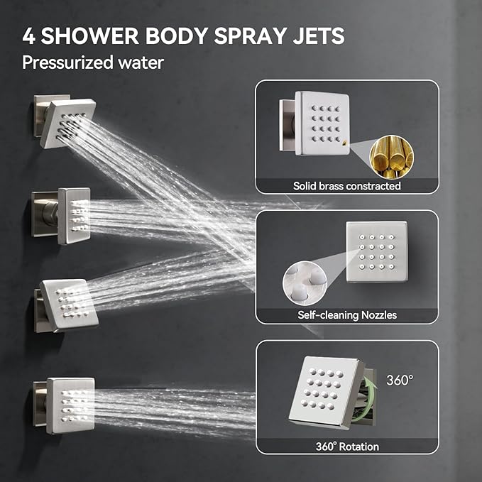 Shower System with Body Jets, Bostingner Four Modes Shower Faucet Sets with Handheld Spray 2 Ways, 4Pcs Shower Body Jets in Wall,10"+6" Rain Shower Head,Brushed Nickel Shower Sets Complete