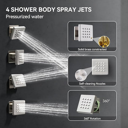 Shower System with Body Jets, Bostingner Four Modes Shower Faucet 12+6" Rain Shower Head with Handheld Spray 2 Ways, 4Pcs Shower Jets System in Wall Shower Faucet Sets Complete,Brushed Nickel