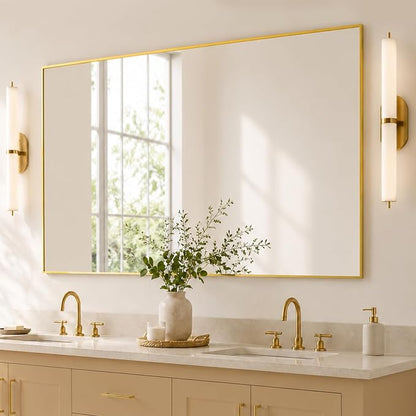 48"x30" Brushed Gold Large Framed Bathroom Vanity Wall Mirror | Large Vanity Wall Mirror, Slim Metal Frame, Dresser or Sideboard Use, Vertical/Horizontal Mount, Tempered Glass