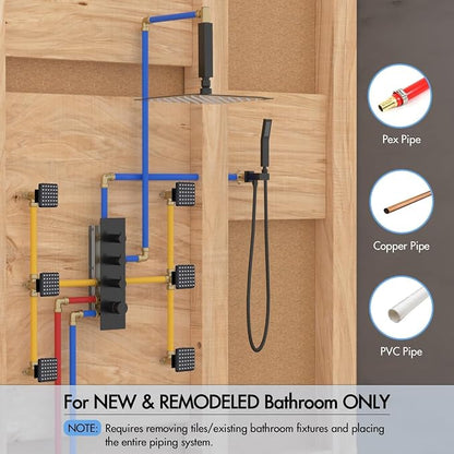 Shower System with Body Jets, 16 inch Ceiling Rainfall Showe Jets System with Handheld Multiple Shower Head System(Can All Run One Time) Thermostatic Shower System with Valve and Trim