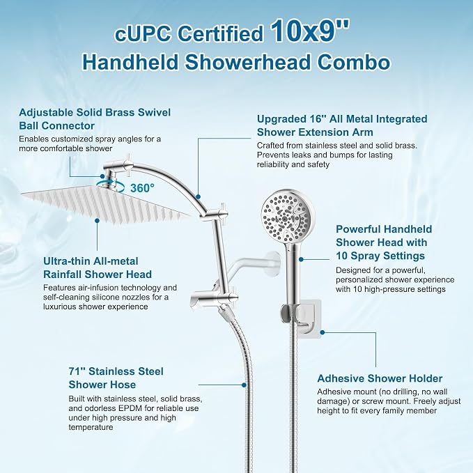Hibbent All Metal 10" High Pressure Rain Shower Head Combo, Chrome | cUPC Certified Rainfall Shower Head with handheld 10 Sprays, 16'' Adjustable Extension Arm, 71'' Hose, Showerhead Holder