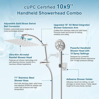 Hibbent All Metal 10" High Pressure Rain Shower Head Combo, Chrome | cUPC Certified Rainfall Shower Head with handheld 10 Sprays, 16'' Adjustable Extension Arm, 71'' Hose, Showerhead Holder